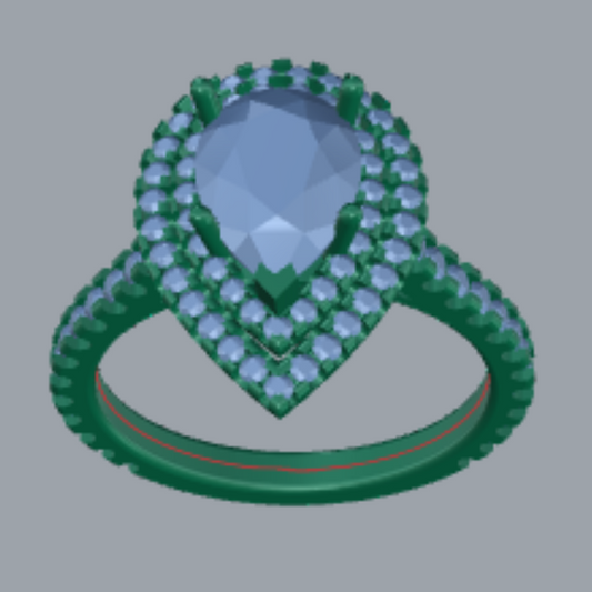 Pear Cut Diamond Double Halo and Pave Style Engagement Ring 3DM CAD File