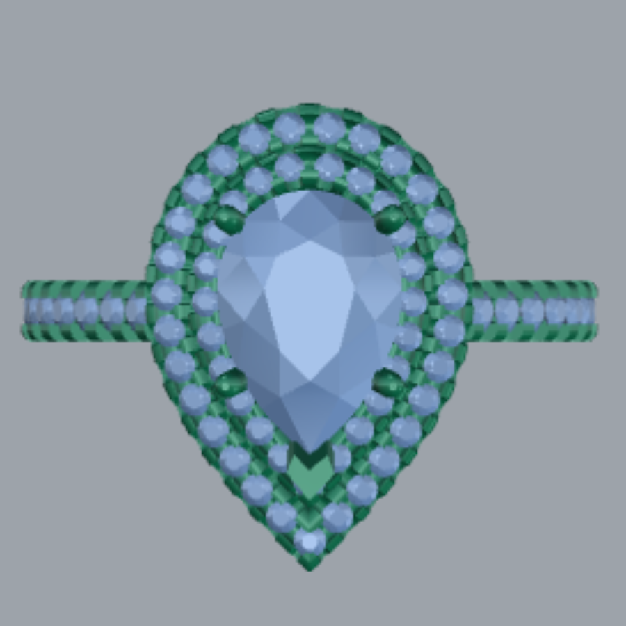 Pear Cut Diamond Double Halo and Pave Style Engagement Ring 3DM CAD File