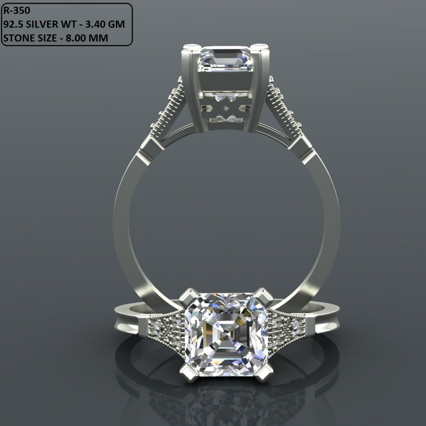 Asscher Cut Diamond Pave Style Engagement Ring Jewelry CAD 3dm File