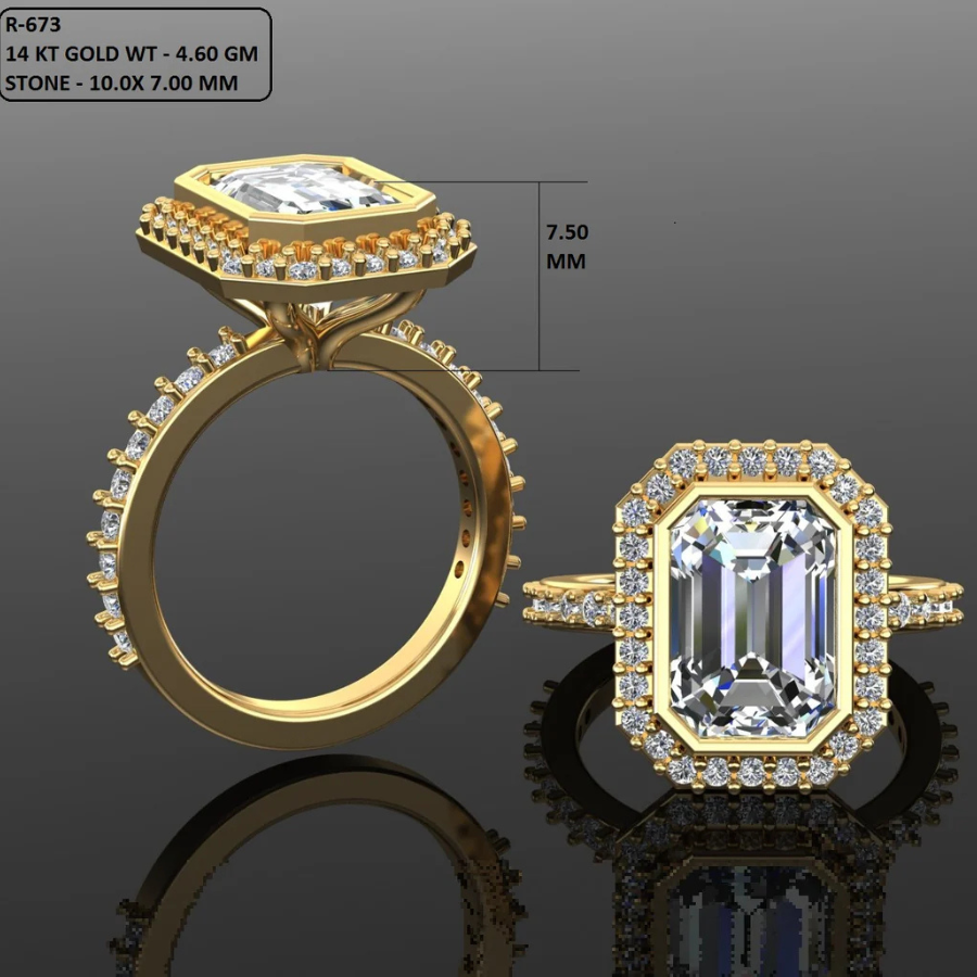 Emerald Cut Diamond Halo and Pave Style Engagement Ring 3DM CAD File